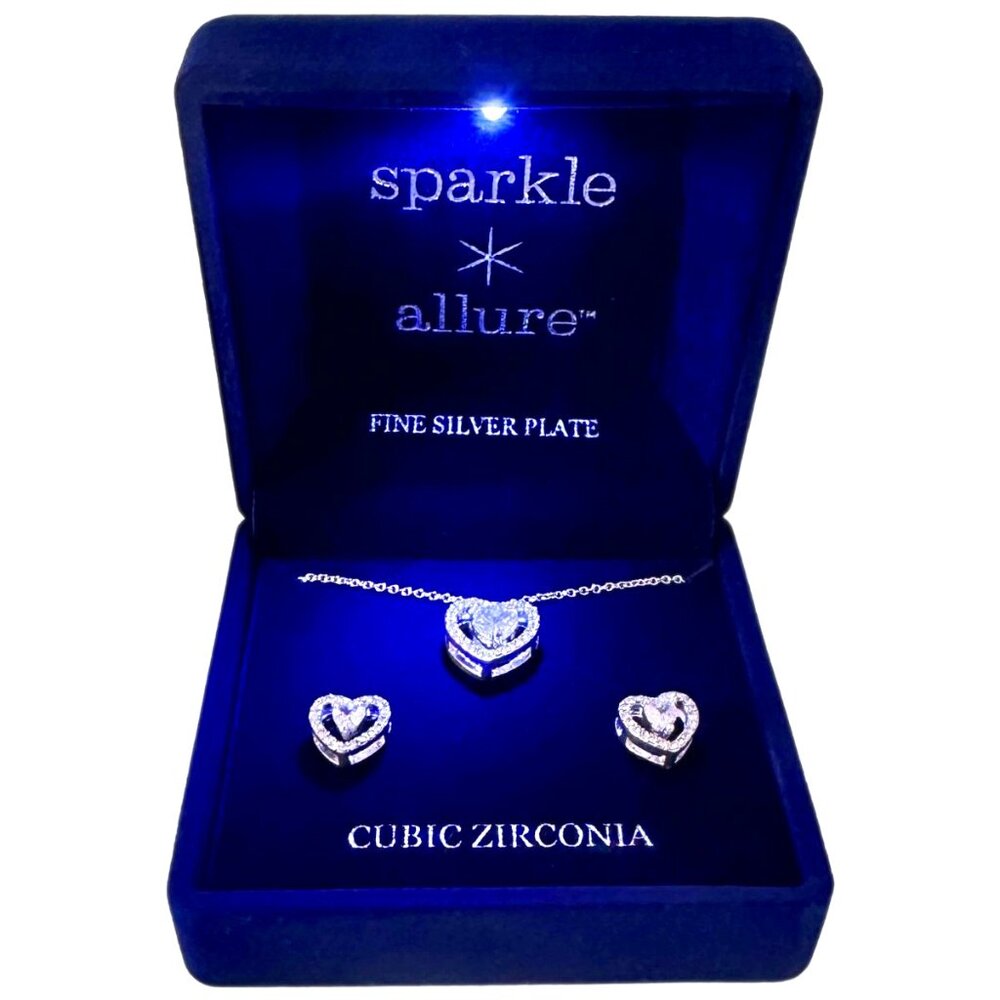 SPARKLE & ALLURE Cubic Zirconia Heart Pendant Necklace & Earrings Set NEW